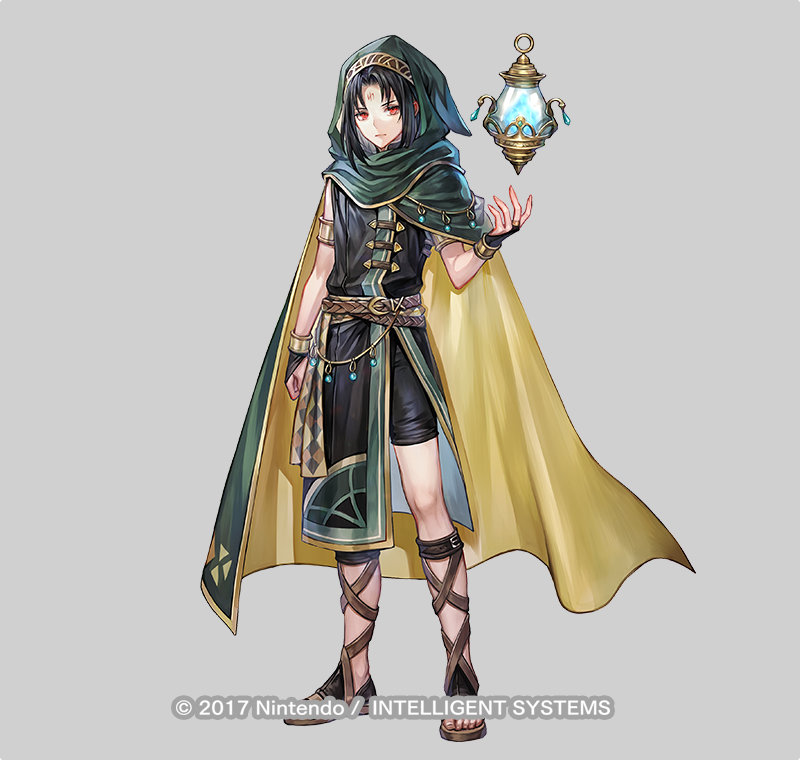 1boy androgynous armlet belt black_hair bracelet cape closed_mouth commentary_request company_name facial_mark fire_emblem fire_emblem:_radiant_dawn fire_emblem_heroes floating floating_object forehead_mark full_body gladiator_sandals green_cape grey_background hood hooded_cape jewelry lantern male_focus nintendo official_art red_eyes sandals senano-yu simple_background soren_(fire_emblem) soren_(khadein)_(fire_emblem) two-sided_cape two-sided_fabric yellow_cape