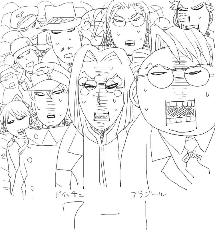 2014_fifa_world_cup 2girls 6+boys captain_(hellsing) commentary_request confused doctor_(hellsing) glasses greyscale hat hellsing hirano_kouta long_hair major_(hellsing) monochrome multiple_boys multiple_girls nazi open_mouth rip_van_winkle_(hellsing) schroedinger_(hellsing) shaded_face short_hair sketch sweatdrop tears teeth tubalcain_alhambra world_cup zorin_blitz