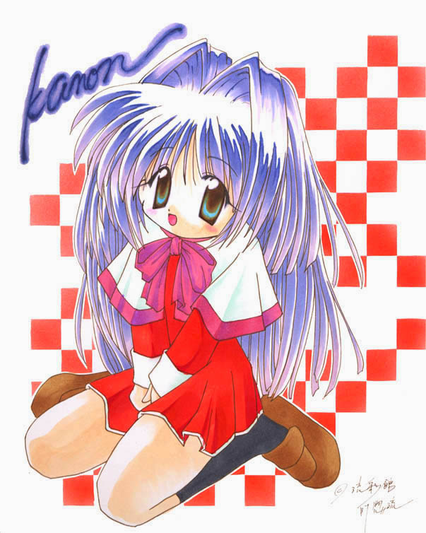 1girl 2000s_(style) :d bad_id black_socks blue_eyes blush bow bowtie brown_shoes capelet checkered_background colored_pencil_(medium) copyright_name dress full_body hair_intakes kanon loafers long_hair looking_at_viewer minase_nayuki open_mouth pink_bow pink_bowtie purple_hair red_dress shoes sitting smile socks solo sou_ryuu traditional_media wariza white_capelet
