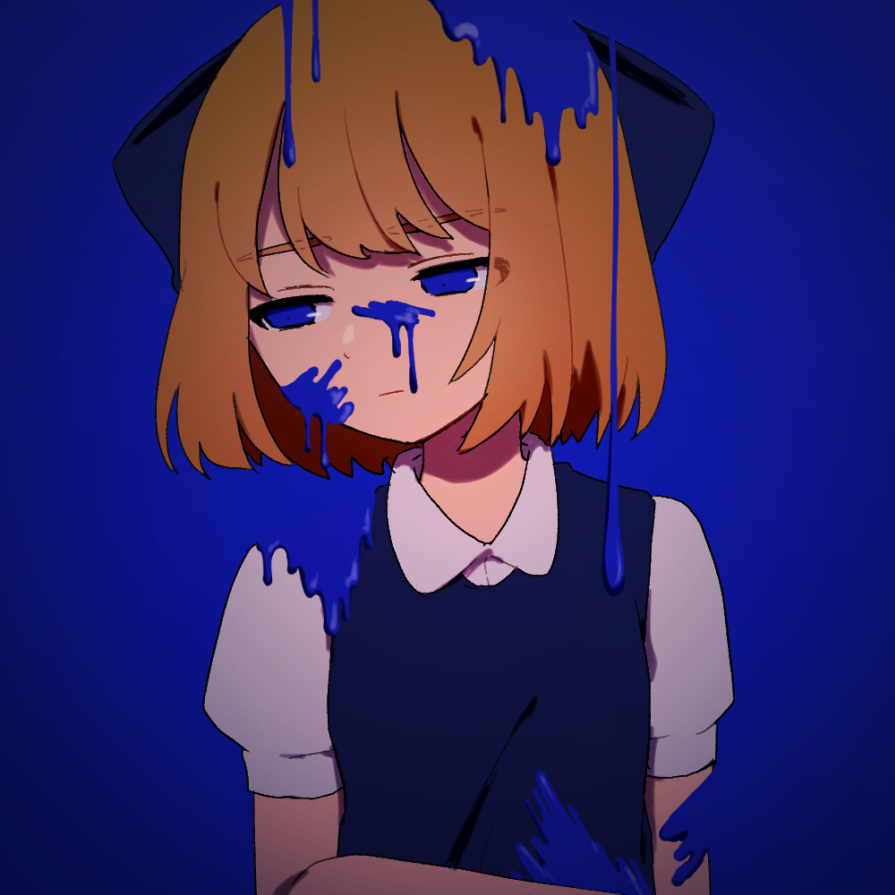1girl alternate_costume alternate_universe blonde_hair blue_background blue_eyes bow collared_shirt dress facing_viewer frown hair_bow half-closed_eyes looking_to_the_side miromoppara-kun mother_(series) mother_2 nintendo paint_in_hair paint_splatter paint_splatter_on_face paula_(mother_2) pinafore_dress puffy_short_sleeves puffy_sleeves shirt short_sleeves sleeveless_dress solo upper_body