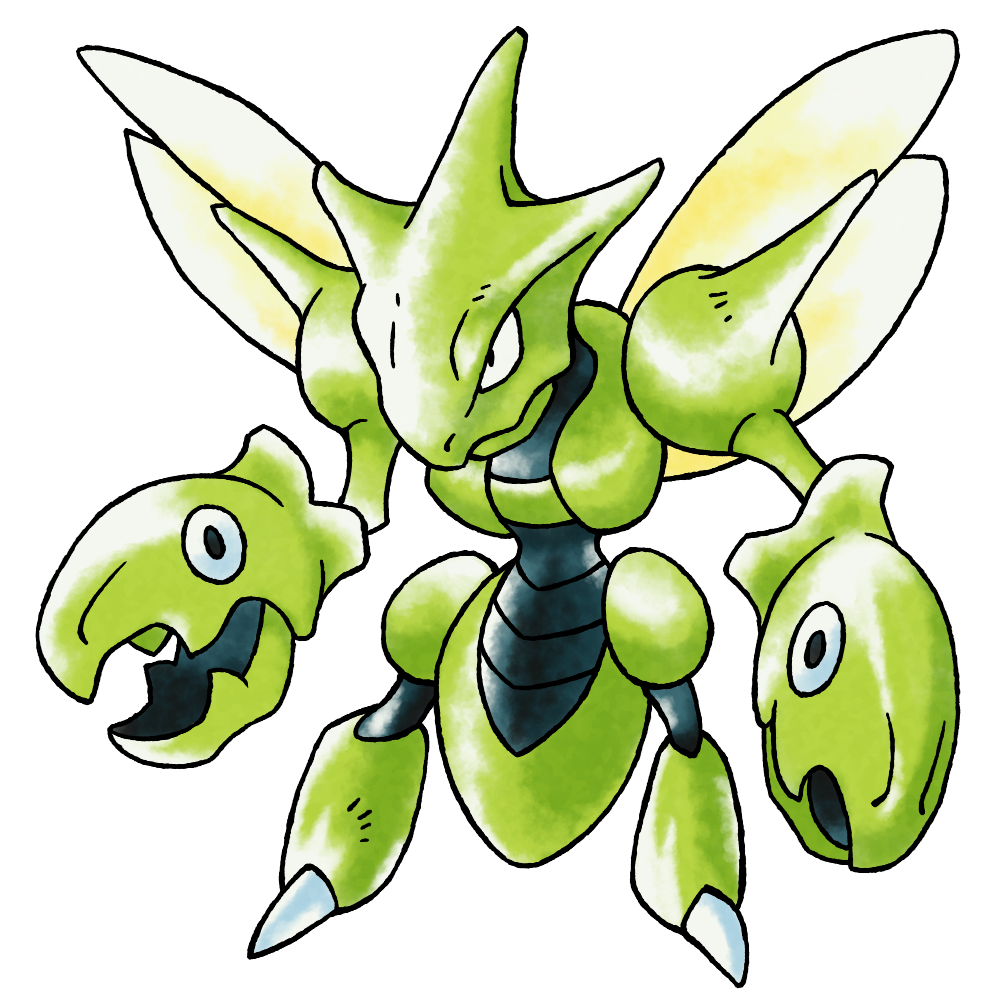 black_eyes closed_mouth derivative_work full_body gen_2_pokemon green_theme hand_eye insect_wings looking_ahead nintendo no_humans official_style pokemon pokemon_(creature) pokemon_focus pokemon_gsc_(prototype) prototype_design raciebeep sanpaku scissors_(scizor) scizor simple_background solo standing sugimori_ken_(style) tachi-e transparent_background v-shaped_eyes watercolor_effect wings yellow_wings