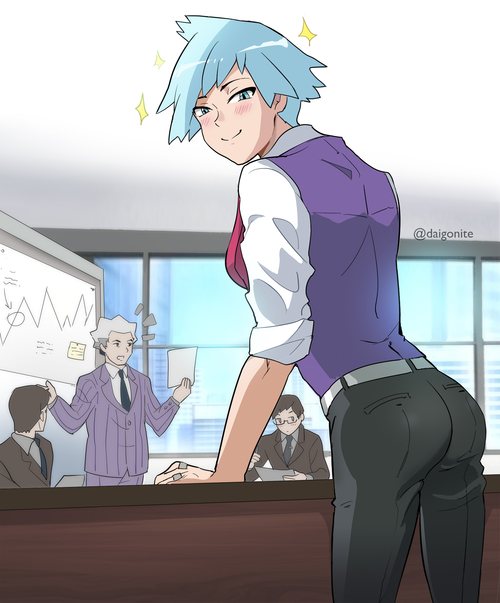 4boys belt black_necktie black_pants blush buttons closed_mouth collared_shirt commentary goro_orb grey_belt highres holding holding_paper indoors jacket joseph_stone looking_at_viewer male_focus multiple_boys necktie nintendo notice_lines pants paper pokemon pokemon_oras purple_vest salaryman shirt short_hair smile sparkle steven_stone twitter_username vest watermark white_shirt