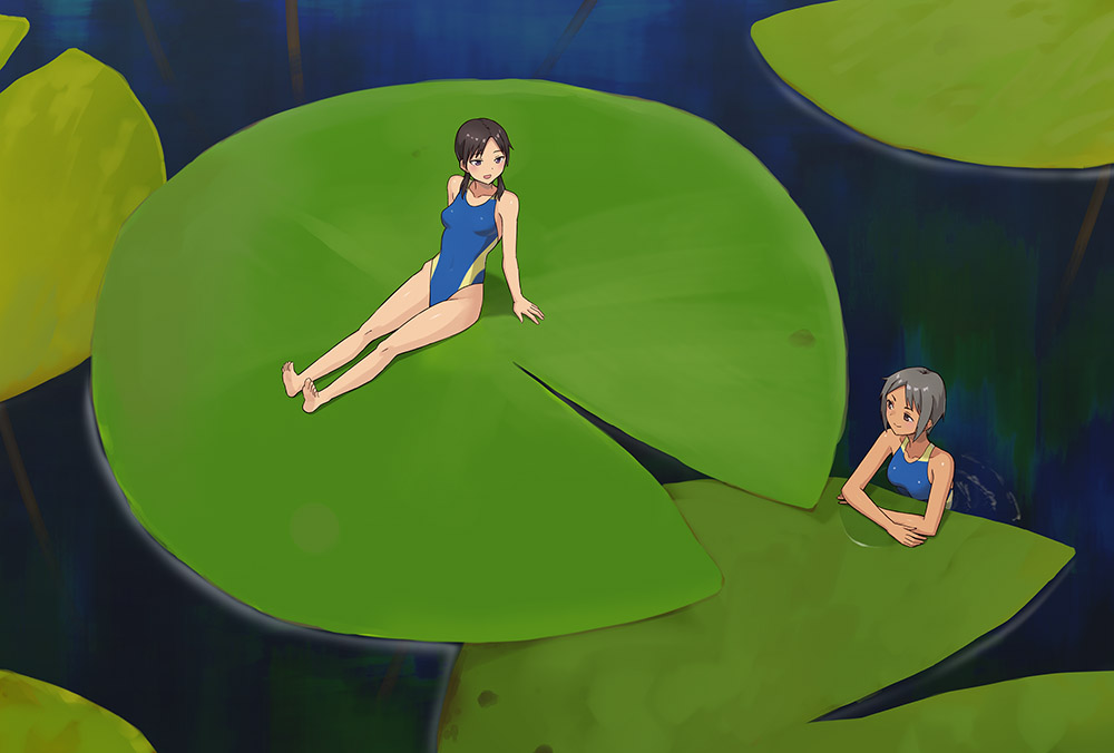 2girls arm_support barefoot black_hair blue_one-piece_swimsuit competition_swimsuit dark-skinned_female dark_skin feet full_body grey_hair hashi lily_pad looking_at_another medium_hair mini_person minigirl multiple_girls one-piece_swimsuit open_mouth original partially_submerged short_hair sitting swimsuit toes twintails water