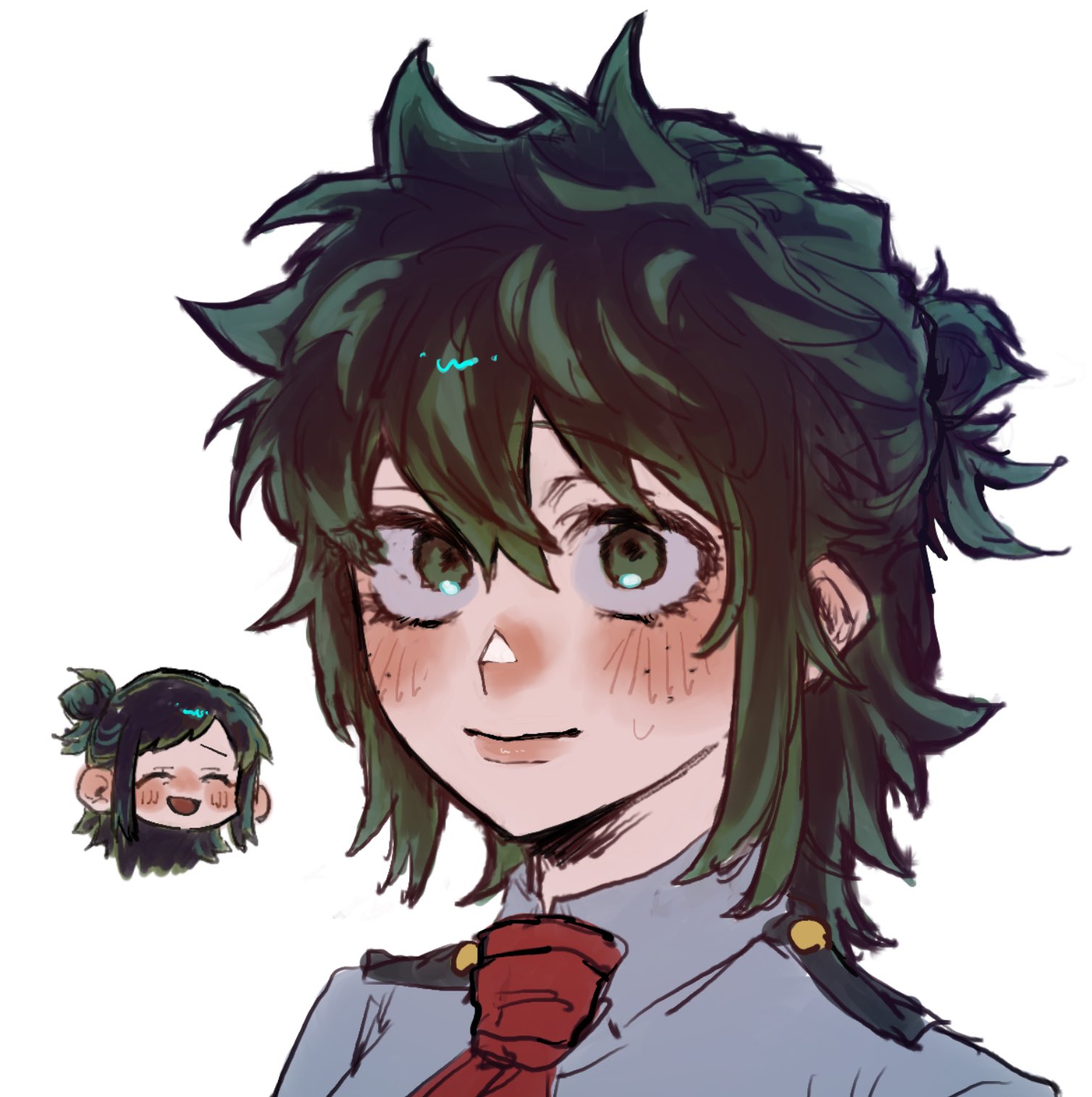 2girls blush boku_no_hero_academia borrowed_hairstyle chibi chibi_inset closed_eyes commentary_request eyelashes freckles genderswap genderswap_(mtf) green_eyes green_hair grey_shirt hair_between_eyes hair_bun highres looking_at_viewer medium_hair midoriya_inko midoriya_izuku mother_and_daughter multiple_girls necktie nose open_mouth portrait red_necktie school_uniform shirt sidelocks single_hair_bun sweatdrop swept_bangs tamagotoji_hrak u.a._school_uniform white_background