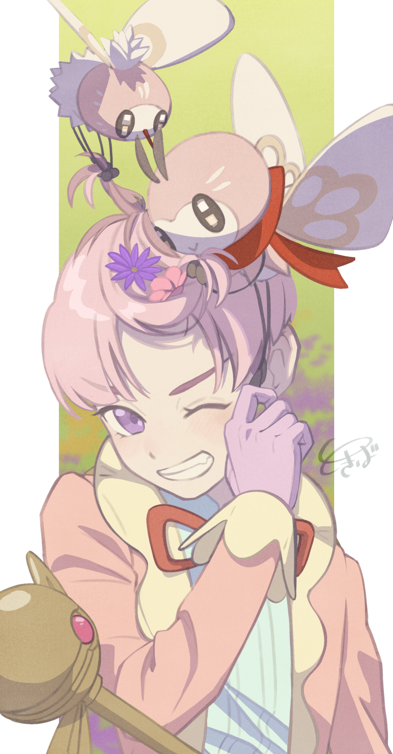 1boy cane coat commentary_request cutiefly evolutionary_line eyelashes flower gen_7_pokemon gloves green_background grin hair_flower hair_ornament hand_up highres male_focus nintendo on_head one_eye_closed open_clothes open_coat ortega_(pokemon) pink_coat pink_hair pokemon pokemon_(creature) pokemon_on_head pokemon_sv purple_eyes purple_flower ribombee shirt short_hair smile teeth tokiba_nagamu