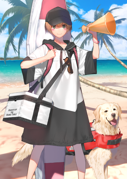 1girl aned_(fate) animal arm_up backpack bag baseball_cap beach black_coat black_hat blonde_hair blue_sky blush_stickers bracelet closed_mouth cloud cloudy_sky coat dog drawstring eyewear_hang fate/grand_order fate_(series) feet_out_of_frame game_cg gareth_(fate) gareth_(swimsuit_saber)_(fate) gareth_(swimsuit_saber)_(first_ascension)_(fate) golden_retriever green_eyes hand_up hat holding holding_megaphone holding_strap hood hood_down hooded_coat horizon jewelry legs_apart looking_at_viewer megaphone multicolored_coat nekotawawa ocean official_art palm_tree sand short_hair short_sleeves shoulder_bag sky smile solo standing sunglasses third-party_source tree two-tone_coat unworn_eyewear weapon_bag white_coat wide_sleeves