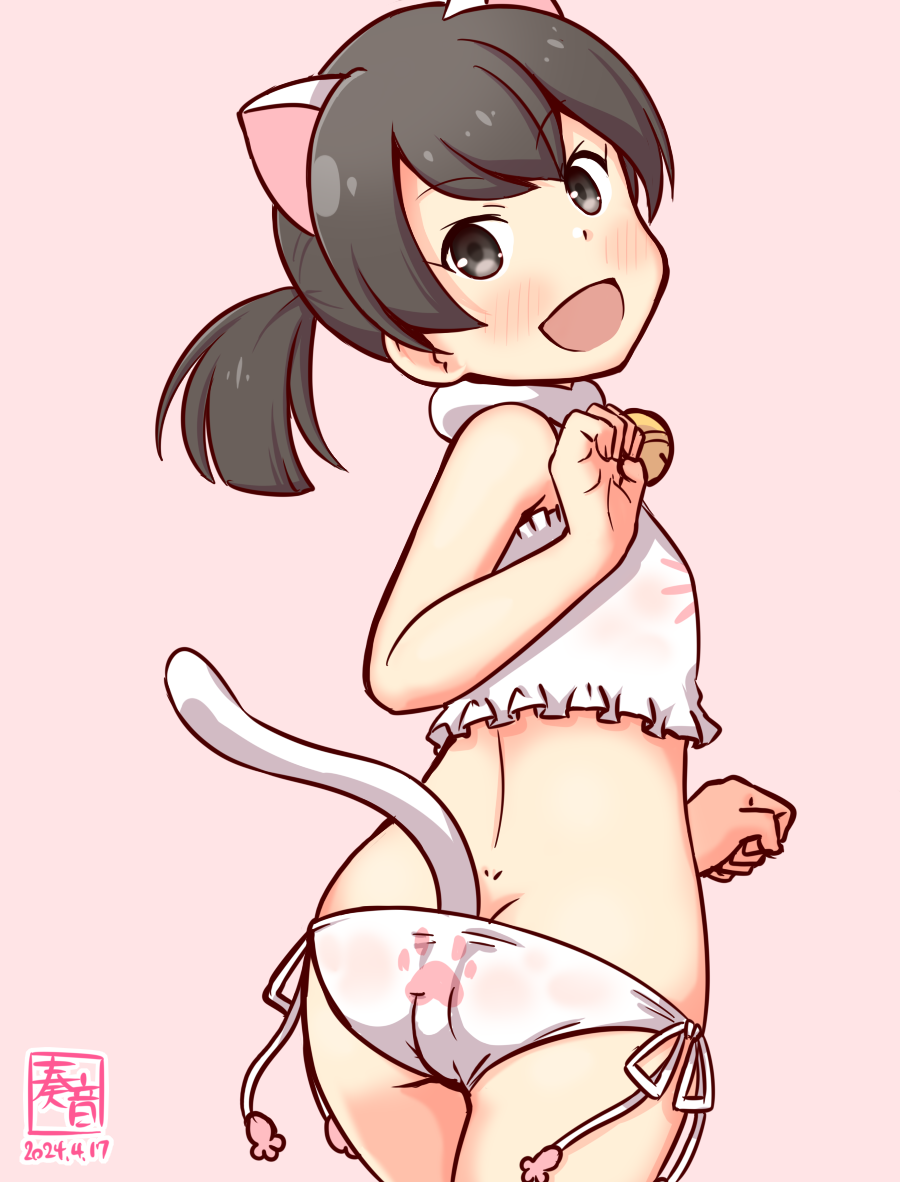 1girl alternate_costume anal anal_beads anal_object_insertion anal_tail ass bell black_hair bra butt_plug cat_lingerie commentary_request dated fake_tail frilled_bra frills from_behind grey_eyes i-41_(kancolle) implied_tail_plug jingle_bell kanon_(kurogane_knights) kantai_collection looking_at_viewer looking_back low_ponytail meme_attire neck_bell object_insertion one-hour_drawing_challenge panties paw_print pink_background ponytail sex_toy side-tie_panties simple_background smile solo tail twitter_username underwear underwear_only white_bra white_panties
