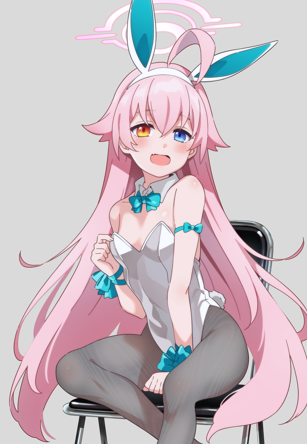 1girl alternate_costume animal_ears aqua_bow aqua_bowtie bare_shoulders blue_archive blue_eyes blush bow bowtie chair collar commentary_request detached_collar fake_animal_ears fang flat_chest folding_chair grey_background grey_pantyhose hair_between_eyes hair_flaps halo heterochromia highres hoshino_(blue_archive) kawakami_shuuichi leotard long_hair long_sleeves on_chair open_mouth pantyhose pink_hair pink_halo playboy_bunny rabbit_ears simple_background sitting skin_fang solo strapless strapless_leotard white_collar white_leotard wrist_bow yellow_eyes