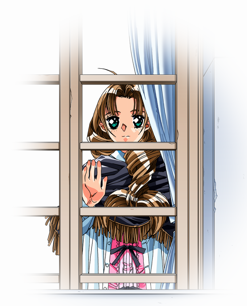 1990s_(style) 1girl black_ribbon black_shawl buttons center_frills closed_mouth coat collar curtains doukyuusei doukyuusei_(series) doukyuusei_2 expressionless facing_viewer frilled_shirt frills from_outside green_eyes hair_intakes hand_on_window light_brown_hair long_hair long_sleeves looking_at_viewer low-tied_long_hair official_art parted_bangs parted_lips pink_shirt retro_artstyle ribbon shawl shirt shirt_ribbon straight-on sugimoto_sakurako takei_masaki upper_body white_background white_coat white_collar white_sleeves window