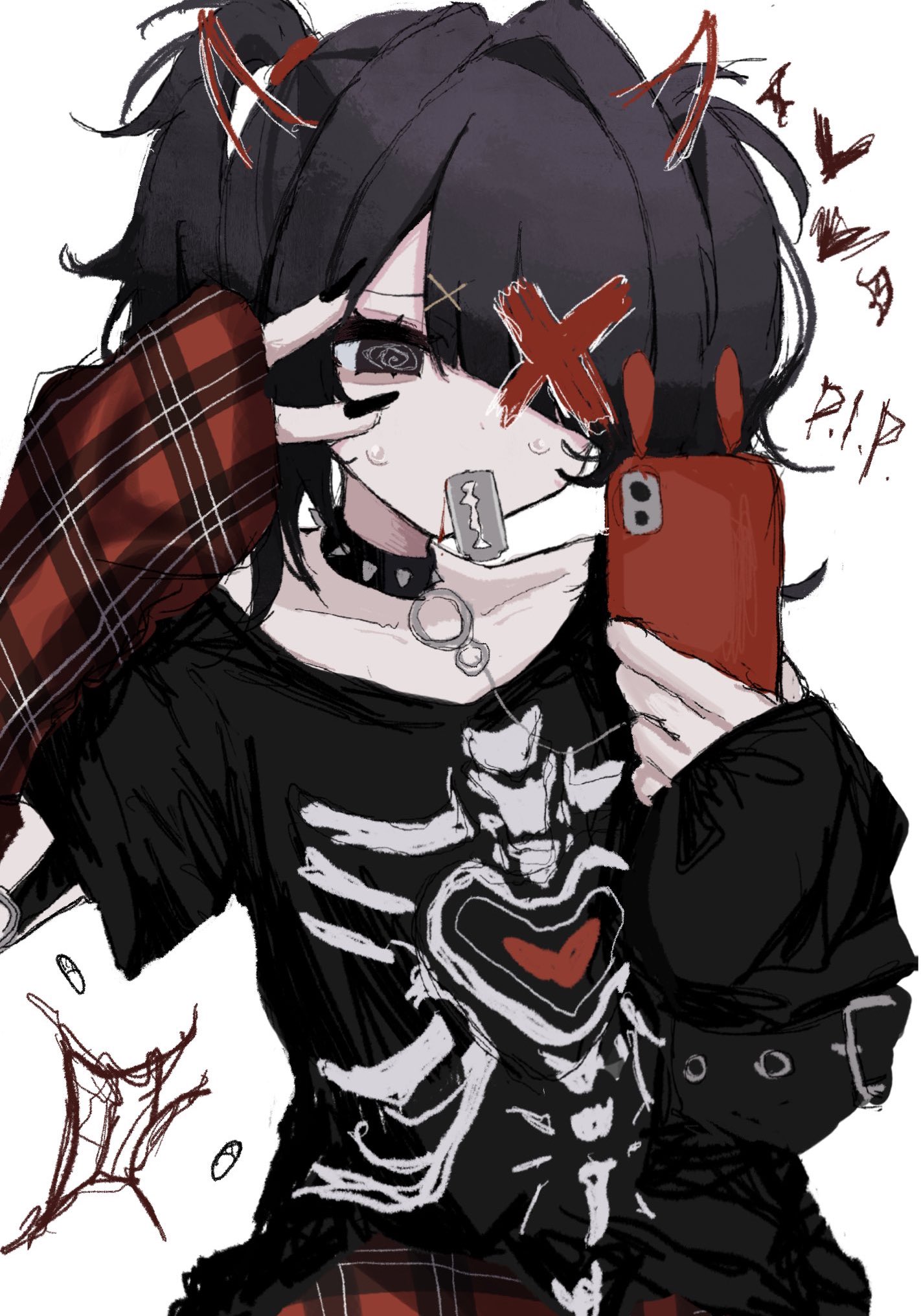 1girl @_@ ame-chan_(emo)_(needy_girl_overdose) ame-chan_(needy_girl_overdose) arm_warmers belt black_choker black_hair black_nails black_shirt blood blood_from_mouth choker drawn_horns drawn_wings hair_ornament hair_over_one_eye hair_tie heart highres holding holding_phone long_sleeves looking_at_object needy_girl_overdose phone pill plaid_clothes plaid_skirt razor_blade red_x shirt short_twintails skeleton_print skirt solo sweatdrop twintails upper_body uxvqx v weapon_in_mouth white_background x_hair_ornament