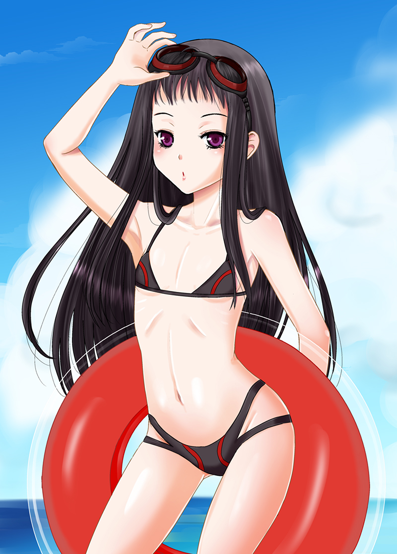 1girl ar_tonelico ar_tonelico_ii black_hair cloud flat_chest goggles goggles_on_head holding holding_swim_ring innertube inumori_sayaka jakuri_(ar_tonelico) long_hair looking_at_viewer navel ocean open_mouth purple_eyes sky solo swim_ring swimsuit