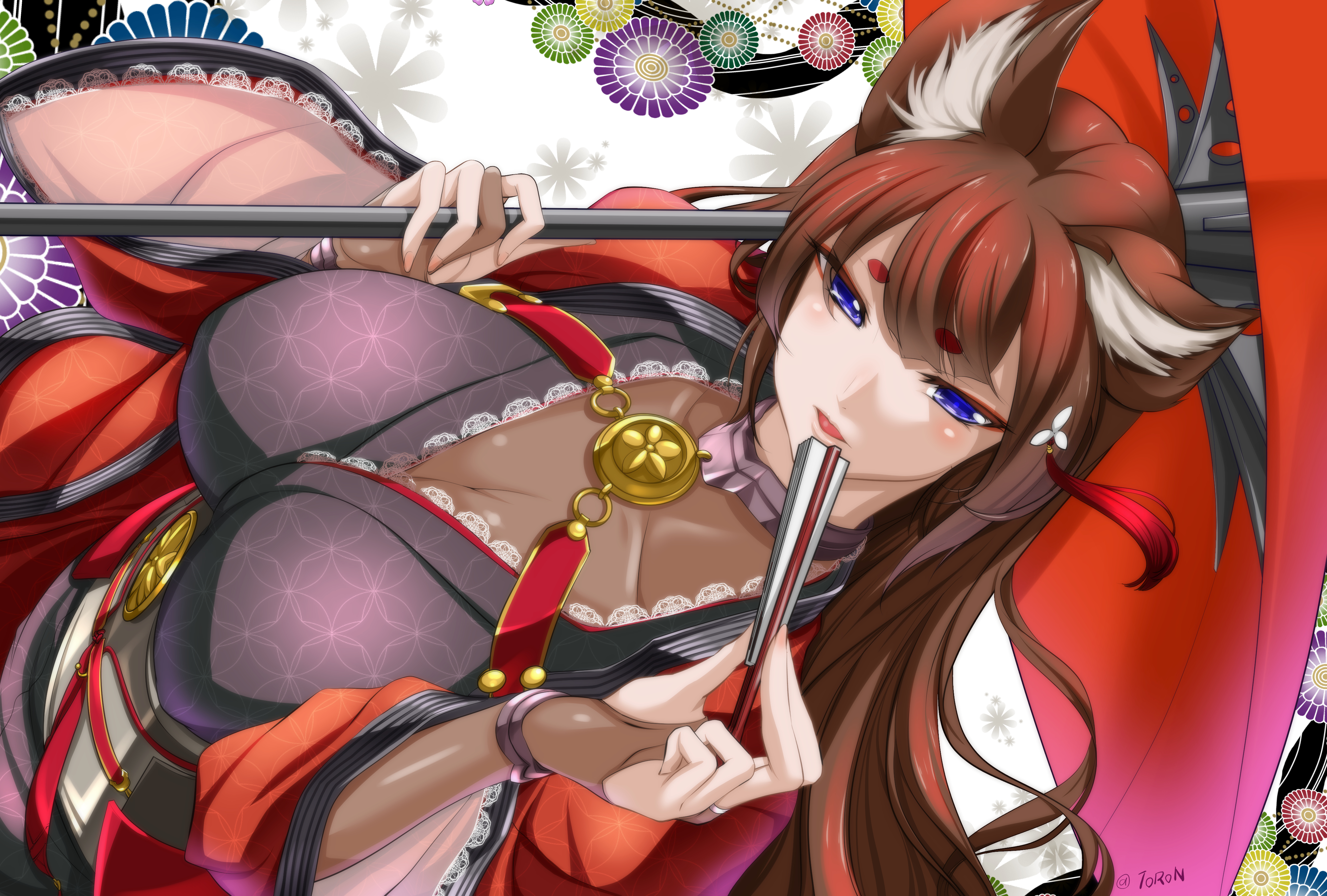 1girl absurdres amagi_(azur_lane) animal_ears azur_lane blunt_bangs blush breasts bridal_gauntlets brown_gloves brown_hair choker cleavage coat collarbone commentary_request eyes_visible_through_hair female_focus folding_fan fox_ears gloves hair_ornament half-closed_eyes hand_fan highres holding holding_fan holding_umbrella japanese_clothes kimono large_breasts lips long_hair long_sleeves looking_at_viewer obi oil-paper_umbrella open_mouth purple_eyes purple_kimono red_coat sash short_eyebrows solo thick_eyebrows toron_(mino106) umbrella wide_sleeves