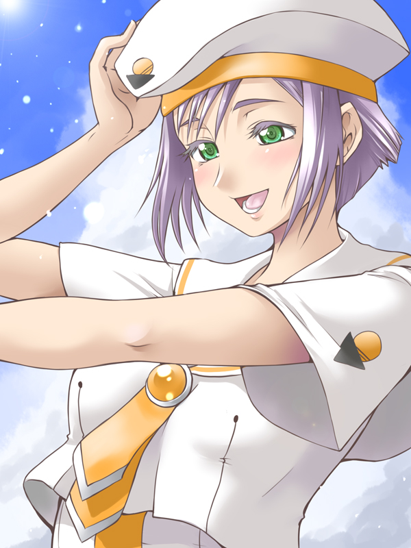 00s 1girl aria_(manga) athena_glory dark-skinned_female dark_skin female_focus green_eyes hat kawakami_tomoko light_purple_hair purple_hair short_hair solo uniform yaso_shigeru