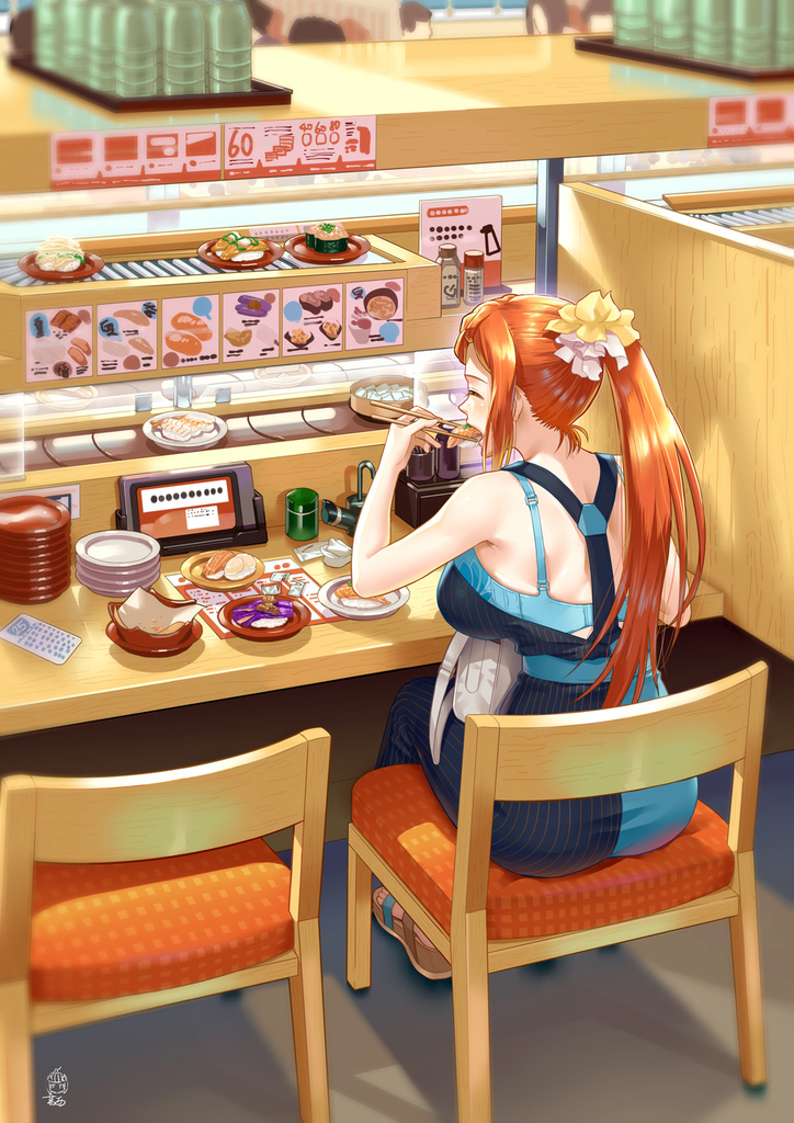 1girl chair chopsticks closed_eyes conveyor_belt_sushi eating food ge_xi hair_ornament hair_scrunchie indoors lien_ai-chiang long_hair on_chair orange_hair plate ponytail sandals scrunchie sitting solo sushi witches_in_7th_base