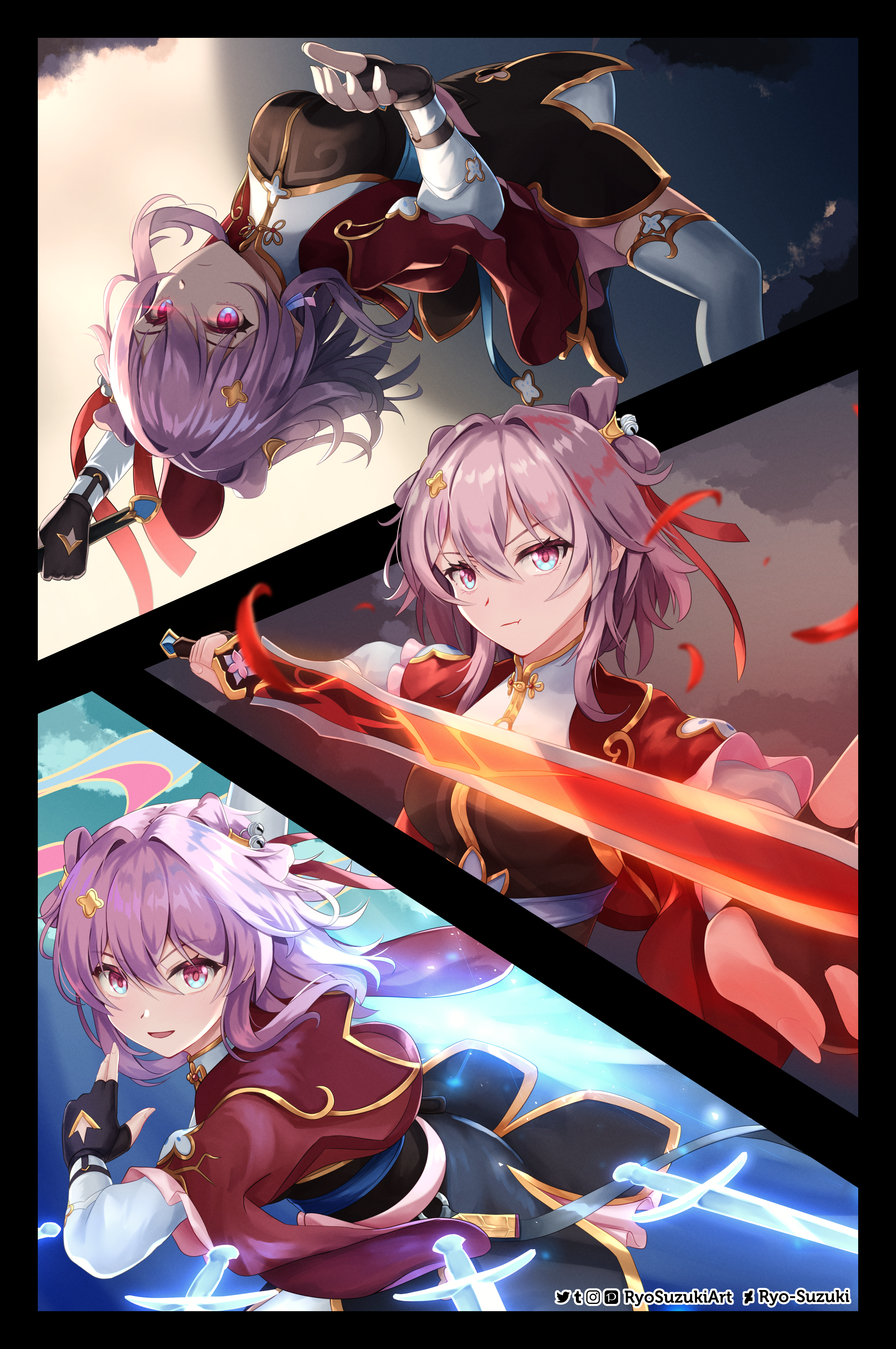 1girl absurdres artist_name bell black_dress black_gloves blue_eyes breasts chinese_clothes closed_mouth commentary dress english_commentary eye_trail fingerless_gloves floating floating_object floating_sword floating_weapon gloves glowing_pupils hair_bell hair_between_eyes hair_intakes hair_ornament highres holding holding_sword holding_weapon honkai:_star_rail honkai_(series) kuji-in large_breasts light_trail looking_at_viewer march_7th_(honkai:_star_rail) march_7th_(hunt)_(honkai:_star_rail) multicolored_eyes multiple_views official_alternate_costume official_alternate_hairstyle open_mouth pink_eyes pink_hair pose_imitation red_petals red_pupils red_shrug ryo-suzuki sky smile sword thighhighs two-tone_eyes upside-down weapon white_thighhighs