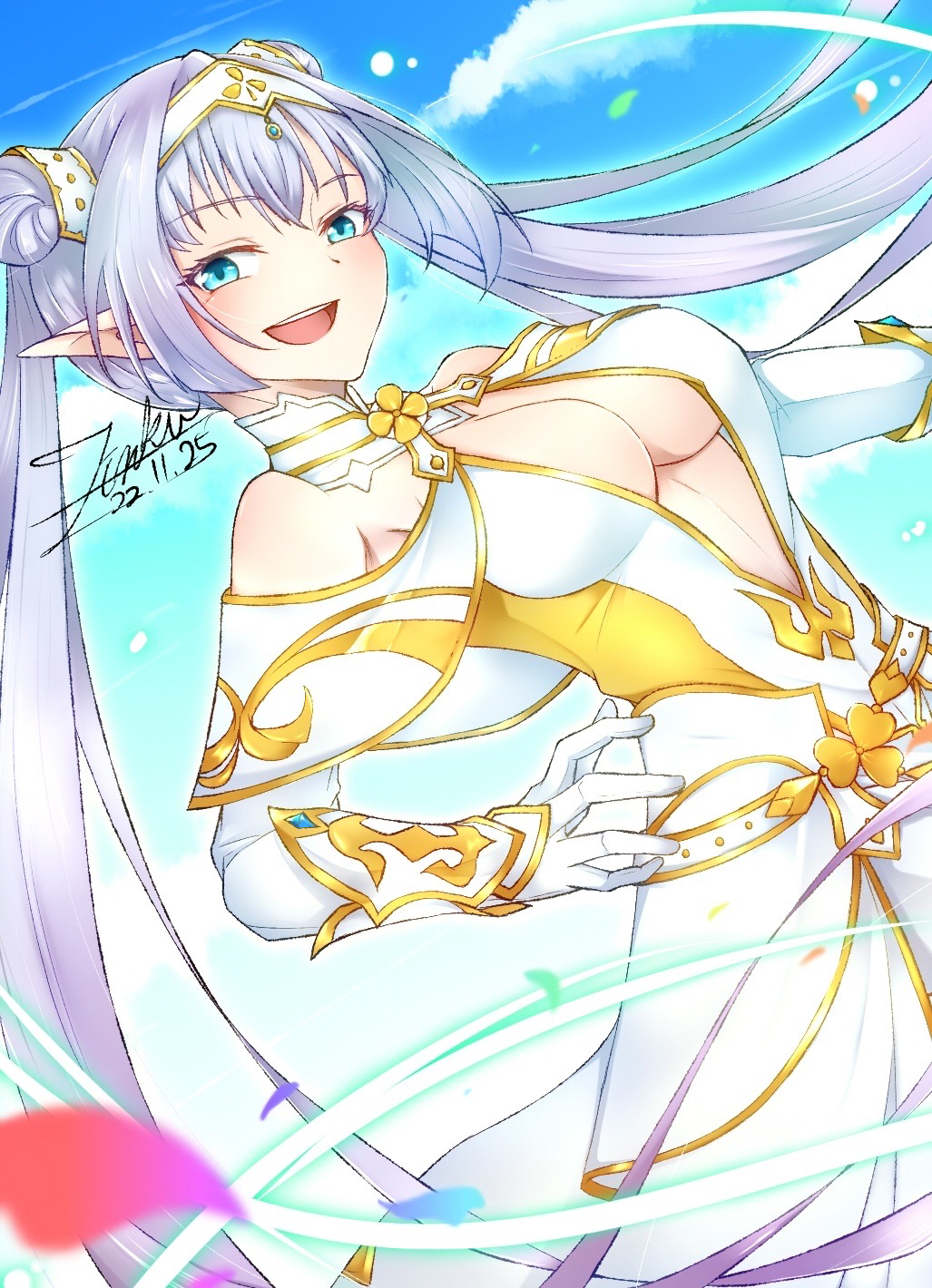 1girl arm_guards bare_shoulders belt blue_eyes blue_sky blush breasts britomart_(fate) britomart_(second_ascension)_(fate) capelet center_opening cleavage double_bun dress elbow_gloves fate/grand_order fate_(series) gloves gold_trim grey_hair hair_bun hairband highres large_breasts long_hair looking_at_viewer open_mouth pants pointy_ears sky smile solo taut_clothes taut_dress twintails very_long_hair white_capelet white_dress white_gloves white_pants zinku0206