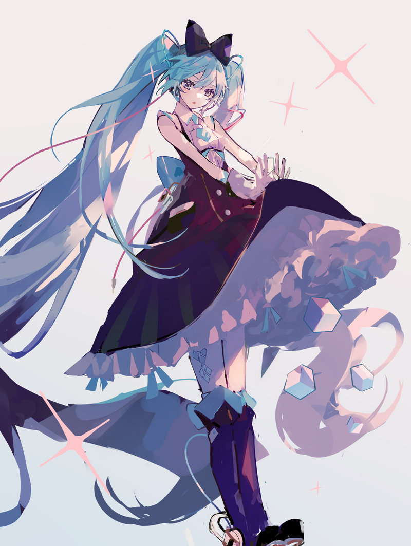 1girl absurdly_long_hair bare_shoulders black_boots black_bow black_dress blue_bow blue_hair boots bow breasts collared_shirt cube dress eyebrows_hidden_by_hair female_focus frilled_dress frills gloves grey_background grey_eyes hair_between_eyes hair_bow hatsune_miku knee_boots long_hair magical_mirai_miku magical_mirai_miku_(2016) mamenomoto shirt simple_background sleeveless sleeveless_dress small_breasts solo sparkle twintails very_long_hair vocaloid white_gloves white_shirt