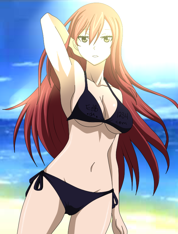 1girl arm_at_side arm_up armpits arms_behind_head barefoot beach bikini black_bikini breasts brown_eyes cleft_of_venus clenched_hands collarbone curvy day erza_scarlet eyelashes fairy_tail feet female_focus fingernails hair_between_eyes half-closed_eyes large_breasts legs light_rays long_hair looking_at_viewer midriff navel neck ocean outdoors parted_lips recolor red_hair serious shiny_skin side-tie_bikini_bottom side_bangs sidelocks sky standing straight_hair summer sunlight swimsuit thighs third-party_edit toenails toes underboob water