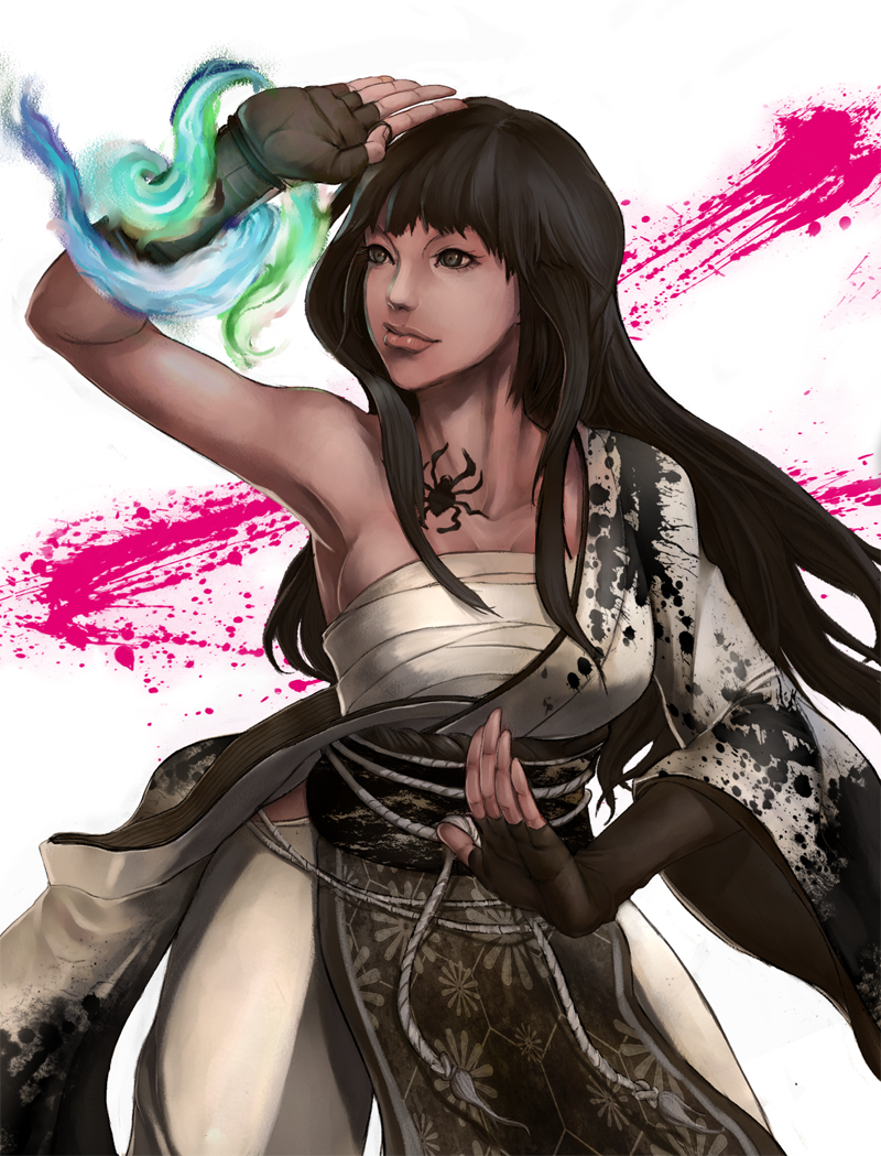 1girl alternate_color armpits beck_(425233) black_hair breasts bug dark-skinned_female dark_skin female_focus fighting_stance fingerless_gloves gloves large_breasts lips long_hair off_shoulder pants sarashi solo spider string tattoo umenokouji_aoi virtua_fighter virtua_fighter_5 virtua_fighter_5:_final_showdown