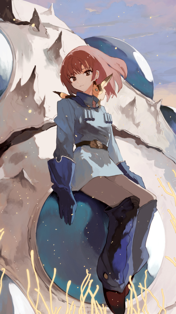 1girl animal animal_on_shoulder belt blue_gloves blue_jacket brown_belt brown_eyes brown_footwear brown_hair gloves highres jacket kaze_no_tani_no_nausicaa leg_warmers light_smile nausicaa ohmu pants qtonagi short_hair sitting solo teto_(nausicaa) white_pants