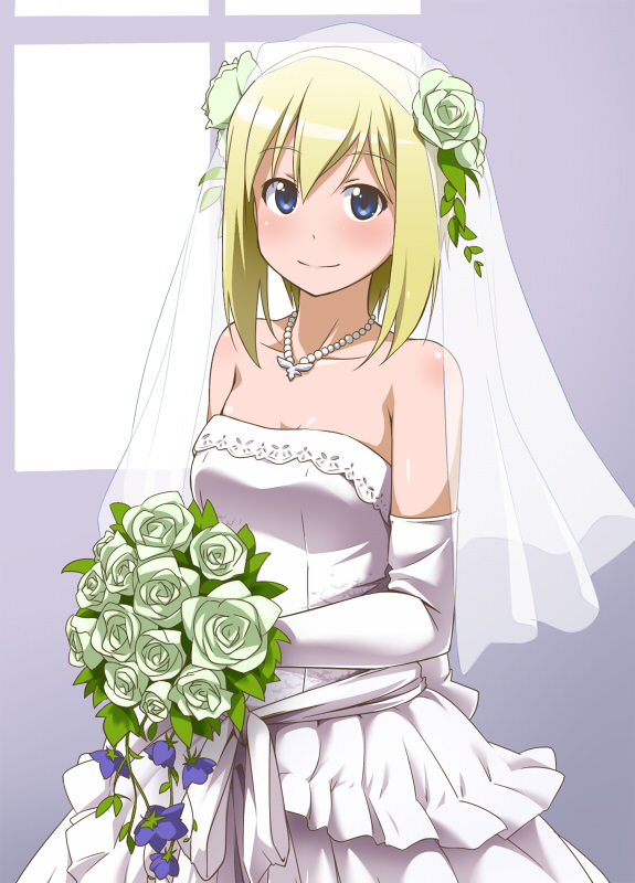 1girl bare_shoulders blonde_hair blue_eyes blush bouquet bridal_veil dress elbow_gloves erica_hartmann female_focus flower formal_clothes gloves hair_flower hair_ornament jewelry necklace short_hair smile solo strike_witches veil wedding_dress world_witches_series youkan