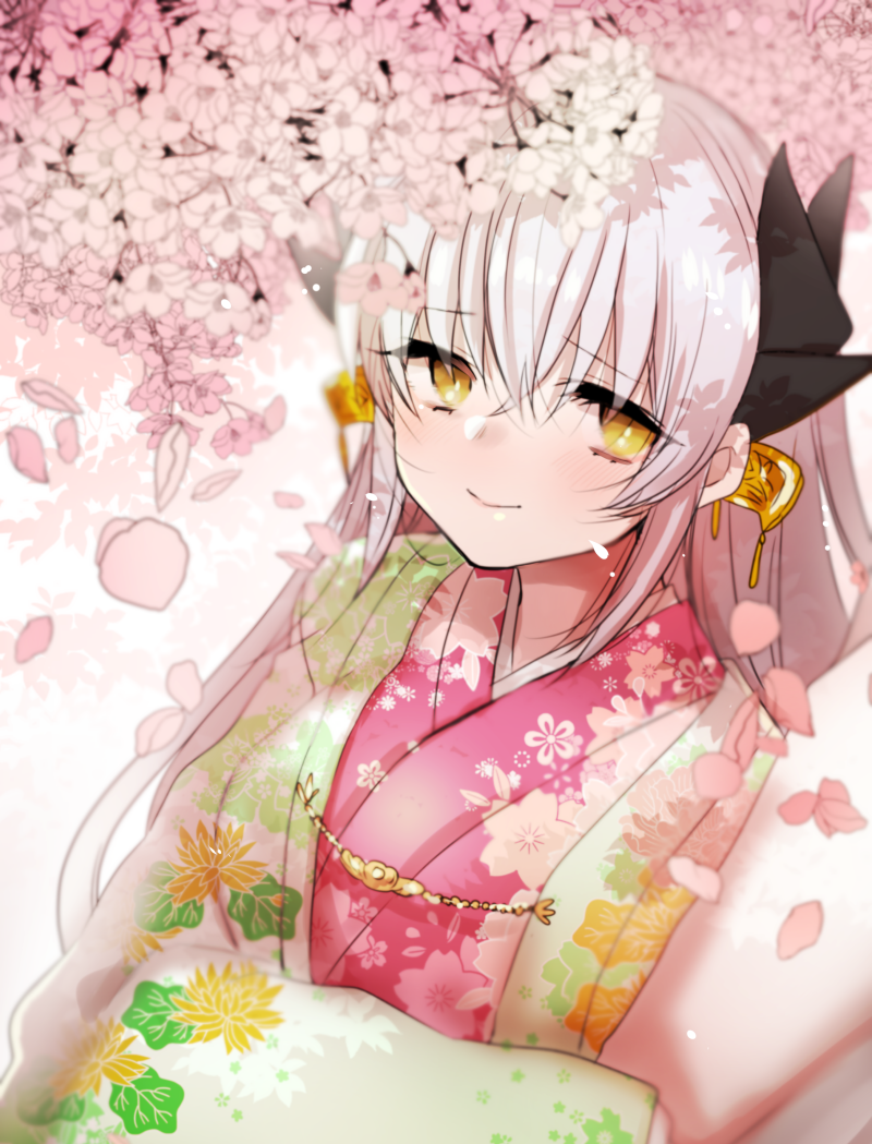 1girl black_horns cherry_blossoms dragon_girl dragon_horns fate/grand_order fate_(series) horns japanese_clothes kimono kiyohime_(fate) kiyohime_(third_ascension)_(fate) kiyohime_(winter_thanksgiving_festival)_(fate) layered_clothes layered_kimono long_hair mamemix multiple_horns smile solo very_long_hair white_hair yellow_eyes