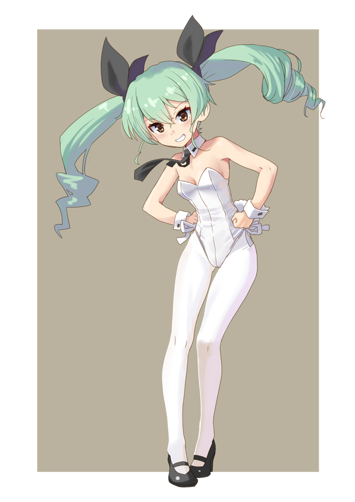 1girl anchovy_(girls_und_panzer) black_necktie black_pantyhose black_shoes brown_eyes detached_collar drill_hair full_body girls_und_panzer green_hair grey_background grin katahira_masashi leotard long_hair mary_janes necktie pantyhose playboy_bunny rabbit_tail shoes smile solo strapless strapless_leotard tail twin_drills twintails two-tone_background white_leotard wrist_cuffs