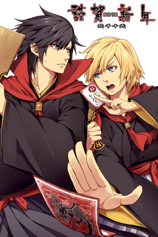 2boys ace_(fft-0) akademeia_uniform black_hair blonde_hair blue_eyes cape card final_fantasy final_fantasy_type-0 green_eyes hair_between_eyes jacket kunagiri_machina long_hair male_focus multiple_boys open_mouth red_cape scarf school_uniform short_hair simple_background tore_(ksg666xxx) white_background