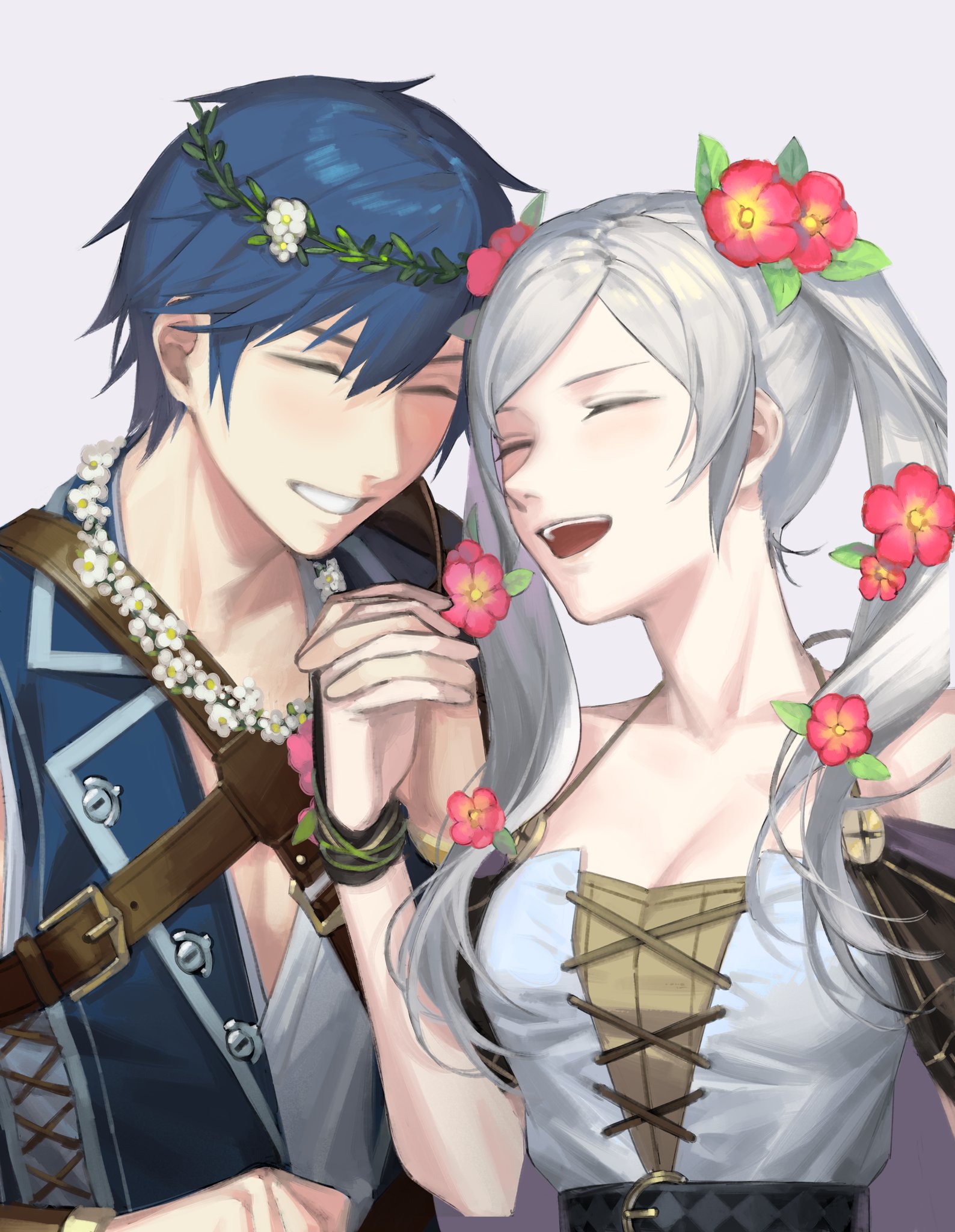 1boy 1girl bare_shoulders blue_eyes blue_hair breasts chrom_(fire_emblem) chrom_(valentine)_(fire_emblem) cleavage closed_eyes couple dress facing_another female_robin_(fire_emblem) fire_emblem fire_emblem_awakening fire_emblem_heroes flower grin hair_between_eyes hair_flower hair_ornament happy head_wreath heart highres holding_hands interlocked_fingers long_hair medium_breasts mik_blamike nintendo official_alternate_costume open_mouth parted_bangs female_robin_(valentine)_(fire_emblem) short_hair simple_background sleeveless sleeveless_dress smile twintails white_background white_hair