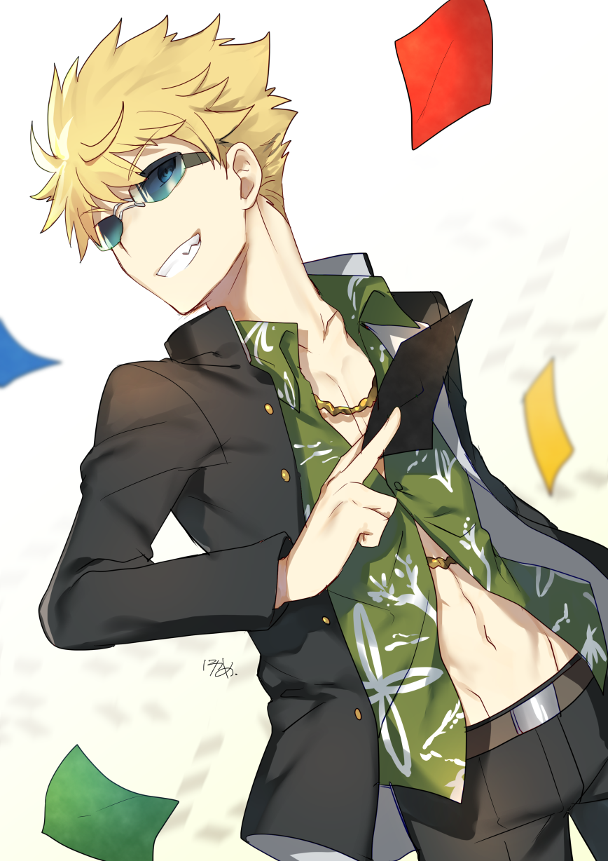1boy blonde_hair grin highres jewelry male_focus midriff navel necklace nikame smile solo sunglasses toaru_majutsu_no_index tsuchimikado_motoharu