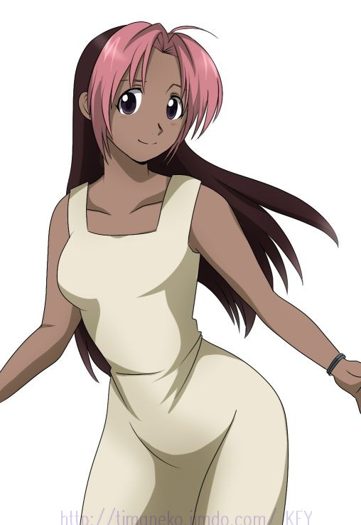 1girl bad_id bad_pixiv_id bracelet brown_hair dark-skinned_female dark_skin dress colored_bangs female_focus fullmetal_alchemist jewelry key1939 long_hair multicolored_hair pink_hair purple_eyes rose_thomas rose_tomas smile solo two-tone_hair white_dress