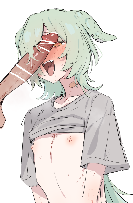 1girl azuma_shino bandaid bandaid_on_neck clothes_lift flat_chest green_hair grey_shirt heart heart_in_eye long_hair nipples open_mouth pea_pod penis shirt shirt_lift simple_background symbol_in_eye very_long_hair voicevox white_background zundamon