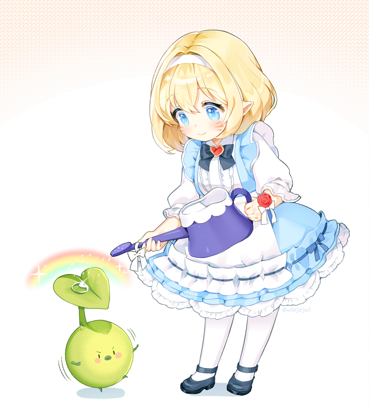 1girl apron black_footwear blonde_hair blue_dress blue_eyes bow bowtie commentary_request dress eyebrows_hidden_by_hair final_fantasy final_fantasy_xiv frilled_dress frills full_body hair_between_eyes hairband heart holding holding_watering_can jitter jumping korpokkur_(final_fantasy) lalafell light_blush looking_at_another looking_down pantyhose pointy_ears rainbow scrunchie short_hair smile solo water_drop watering_can white_apron white_background white_hairband white_pantyhose wrist_scrunchie