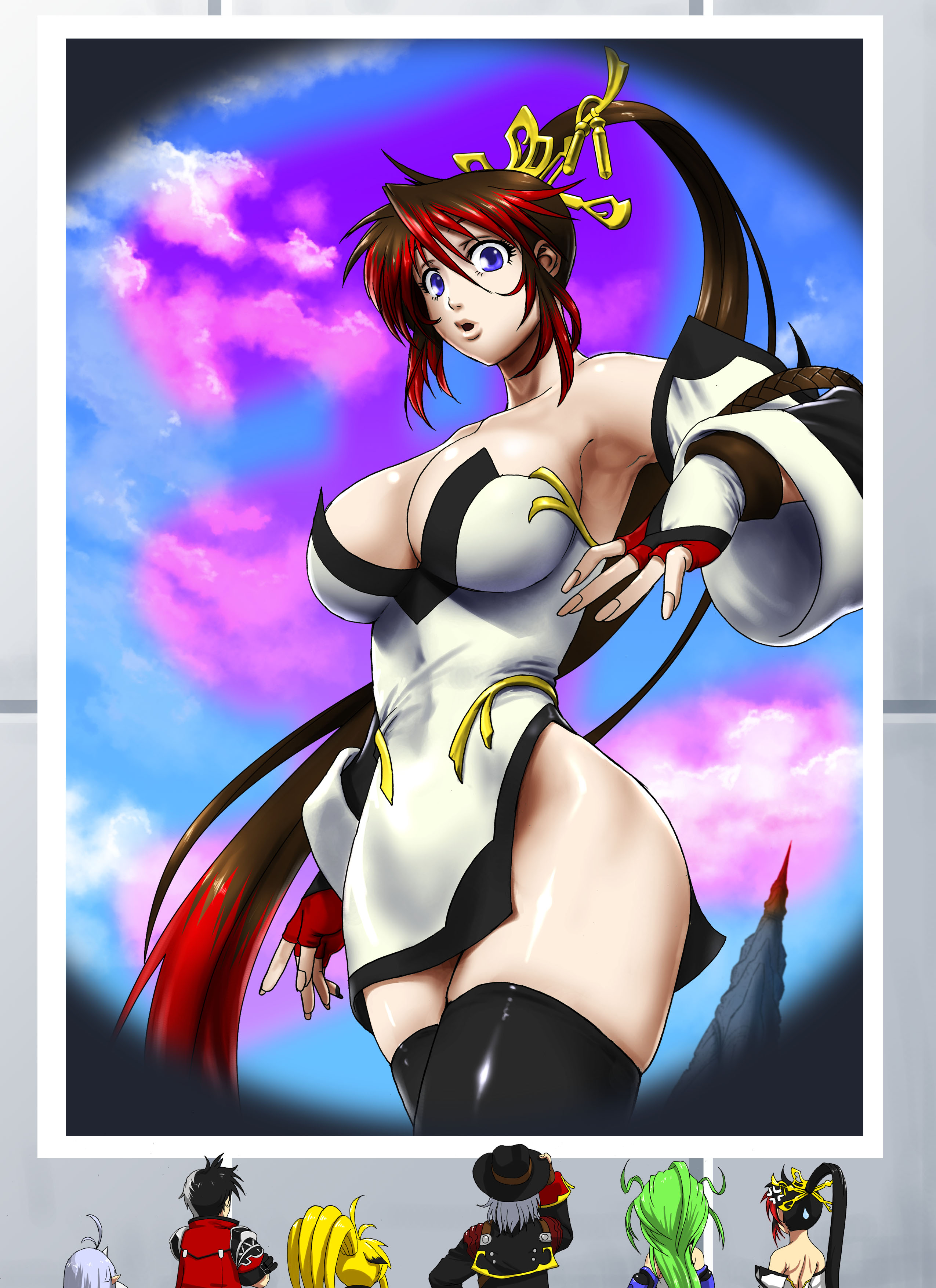 2boys 4girls absurdres arisu_reiji armpits aschen_brodel banpresto black_hair black_thighhighs breasts cleavage detached_sleeves fingerless_gloves gloves harken_browning highres kazue large_breasts long_hair multicolored_hair multiple_boys multiple_girls nanbu_kaguya ponytail red_hair super_robot_wars super_robot_wars_og_saga_mugen_no_frontier suzuka_hime thighhighs two-tone_hair very_long_hair xiaomu