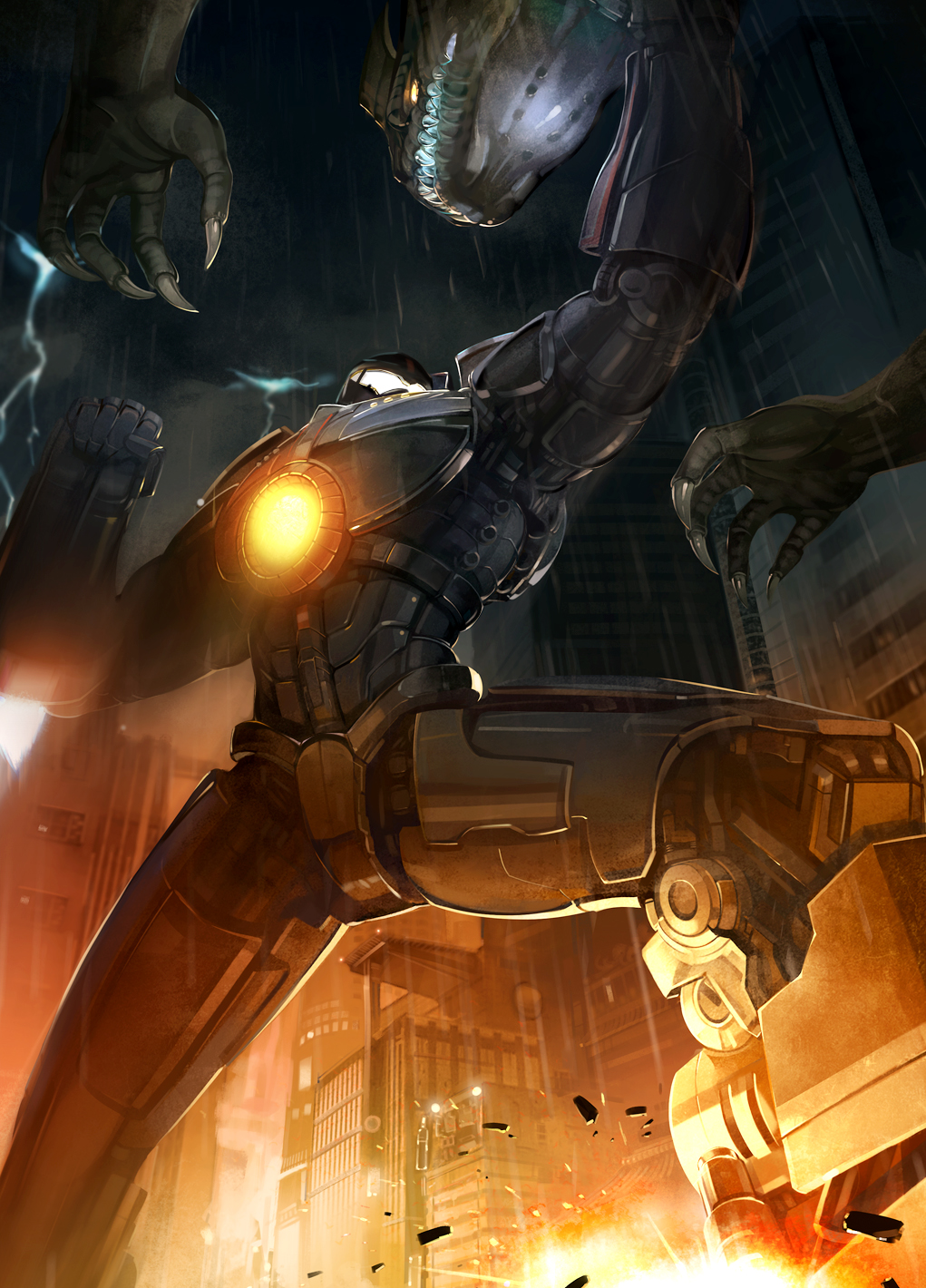 armor battle blue_armor cannon chest_cannon city colored_skin directed-energy_weapon donarudo elbow_rocket energy_cannon energy_weapon explosion from_below gipsy_danger glowing highres in_the_face jaeger_(pacific_rim) kaiju legendary_pictures mecha motion_blur night no_humans nuclear_vortex_turbine otachi outdoors pacific_rim pan_pacific_defense_corps rain robot rocket_punch science_fiction weapon