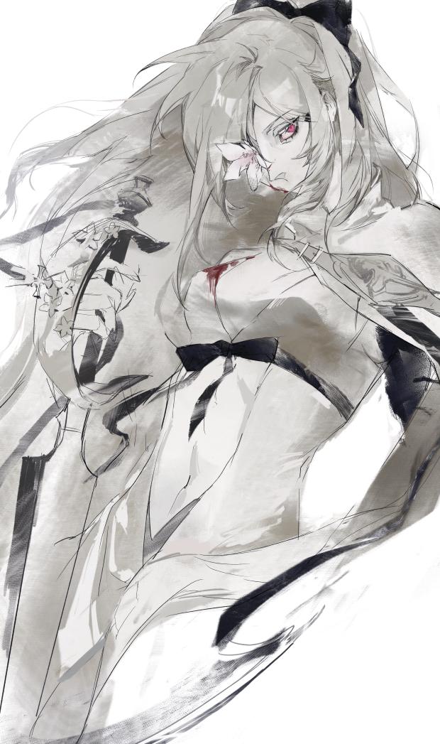 1girl amputee black_bow black_ribbon blood blood_on_clothes blood_on_face bow breasts cape clothing_cutout commentary cropped_torso drag-on_dragoon drag-on_dragoon_3 dress floating_hair flower flower_over_eye hair_bow holding holding_sword holding_weapon jiao_chang large_breasts long_hair looking_at_viewer midriff navel pink_eyes prosthesis prosthetic_arm ribbon sidelocks simple_background solo stomach_cutout sword upper_body weapon white_background white_cape white_dress white_hair zero_(drag-on_dragoon)