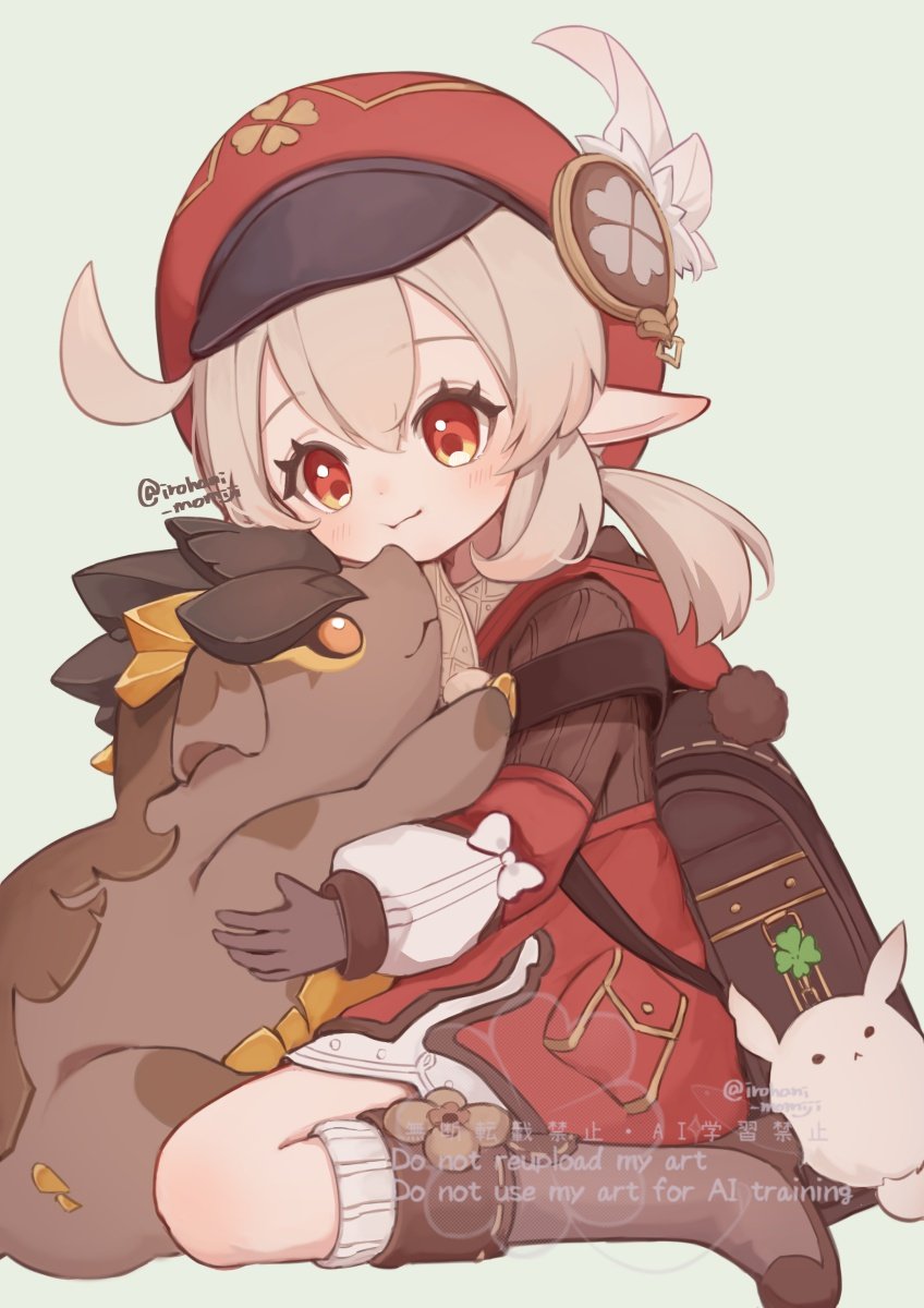1girl ahoge backpack bag blonde_hair blush boots bow brown_bag brown_boots brown_gloves cabbie_hat charm_(object) closed_mouth commentary_request dodoco_(genshin_impact) dress genshin_impact gloves hair_between_eyes hat highres irohani_momiji klee_(genshin_impact) long_hair long_sleeves looking_at_another pointy_ears randoseru red_eyes red_hair sitting solo tepetlisaurus_(genshin_impact) twitter_username wariza white_bow