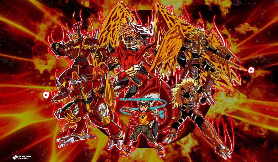 agnimon aldamon ancientgreymon armor blonde_hair digimon digimon_(creature) horns kaisergreymon kanbara_takuya sword tail vritramon weapon wings
