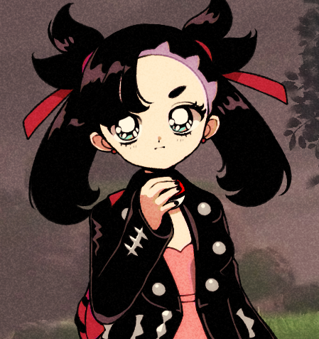 1990s_(style) 1girl aqua_eyes black_choker black_hair black_jacket blush breasts choker cleavage commentary earrings holding holding_poke_ball jacket jewelry long_hair looking_at_viewer lowres marnie_(pokemon) nest_ball nintendo open_mouth poke_ball pokemon pokemon_swsh retro_artstyle scarletdestiney subtitled twintails