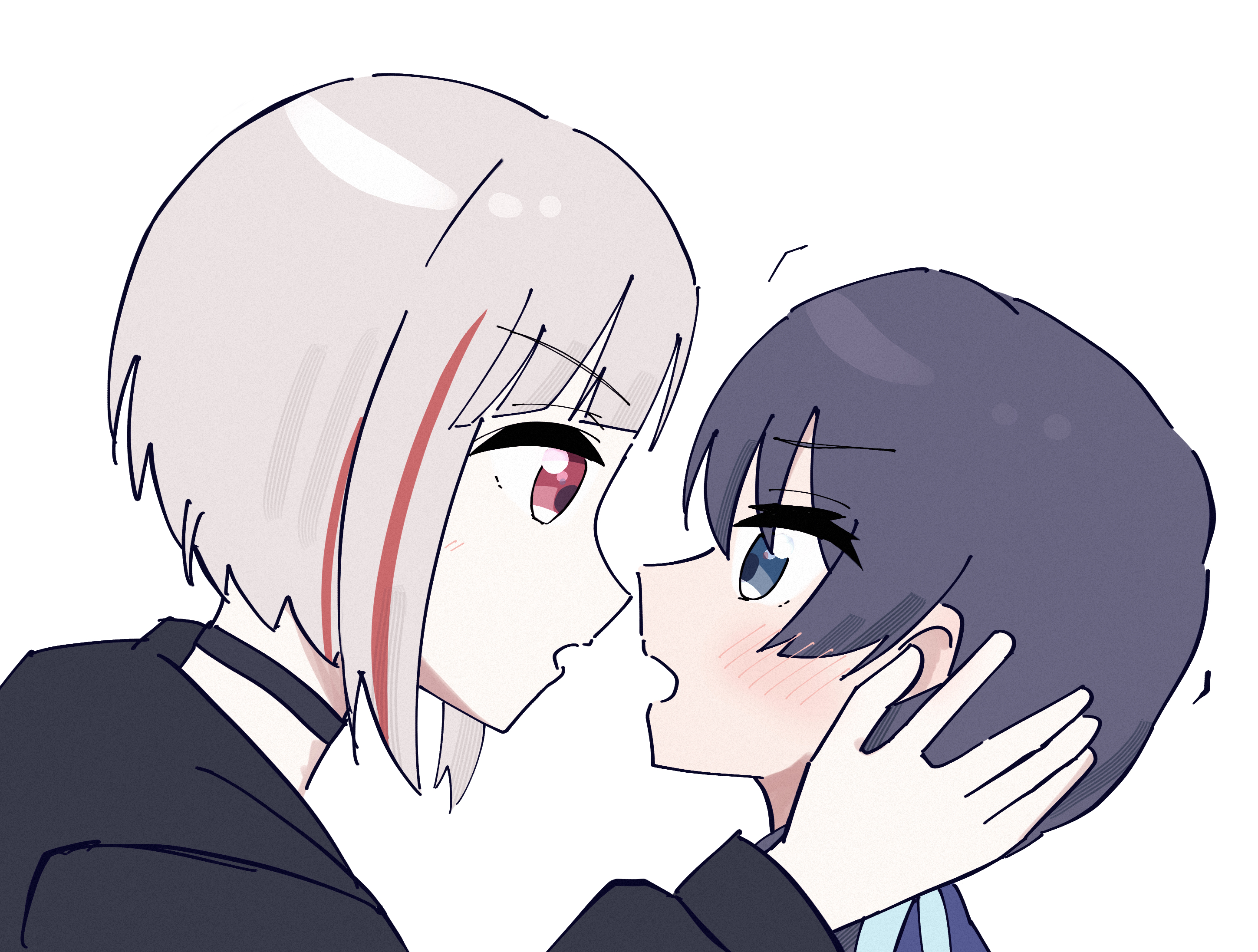 2girls black_choker black_jacket blue_eyes blue_hair blue_ribbon blue_sweater blush bob_cut choker commentary_request diagonal_bangs eye_contact face-to-face grey_hair hair_ornament hair_ribbon hand_on_another's_head highres hood hood_down hooded_jacket inverted_bob jacket link!_like!_love_live! long_hair long_sleeves looking_at_another love_live! low_twintails magu_(cv_mgmgcup) multicolored_hair multiple_girls murano_sayaka murano_sayaka_(summer_loungewear) open_mouth portrait profile red_eyes red_hair ribbon short_hair simple_background star_(symbol) star_hair_ornament streaked_hair sweater twintails virtual_youtuber white_background yugiri_tsuzuri yugiri_tsuzuri_(summer_loungewear)