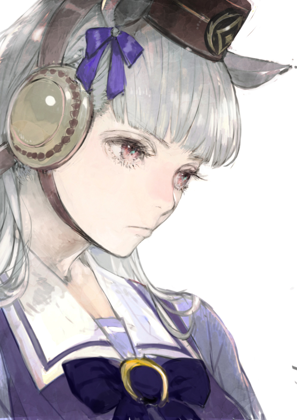1girl animal_ears bad_id bad_twitter_id blunt_bangs bow bowtie closed_mouth commentary_request ear_bow expressionless gold_ship_(umamusume) grey_hair hat highres horse_ears horse_girl long_hair looking_ahead pillbox_hat purple_bow purple_shirt red_eyes school_uniform shirt simple_background solo toi8 tracen_school_uniform umamusume upper_body white_background