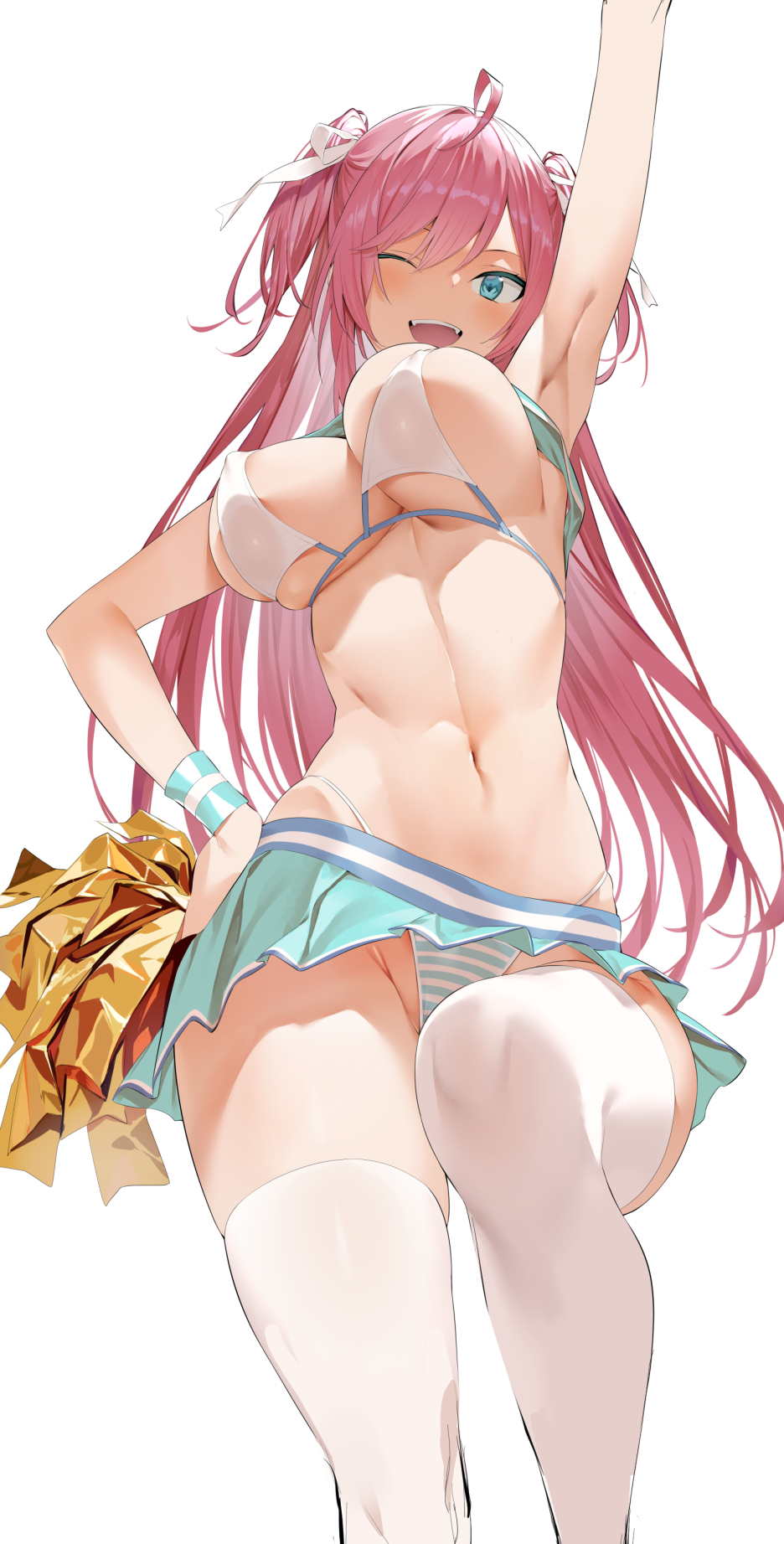 1girl :d ahoge areola_slip arm_up armpits blue_eyes bouncing_breasts breasts cheerleader groin hand_on_own_hip highres hiiragi_yuuichi large_breasts long_hair looking_at_viewer miniskirt navel one_eye_closed open_mouth original panties pink_hair pleated_skirt pom_pom_(cheerleading) skirt smile solo soshie_(hiiragi_yuuichi) standing standing_on_one_leg striped_clothes striped_panties thighhighs tsurime underboob underwear white_thighhighs wide_hips wrist_cuffs zettai_ryouiki
