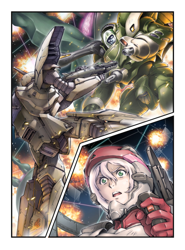 1boy 1girl alien armor battle chest_cannon cockpit control_stick debris dutch_angle energy_beam energy_cannon energy_gun explosion giant green_eyes gunpod helmet maclone macross mecha mexican_standoff multicolored_hair nousjadeul-ger pilot pilot_suit pink_hair power_armor ray_gun robot roundel s.m.s. scared science_fiction shoulder_cannon space spacecraft surprised sweat turret variable_fighter vf-19 weapon white_hair zentradi