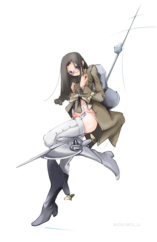 1girl brown_hair female_focus glasses kriegsmarine long_hair mecha_musume military nano_(nanosize) original panties personification propeller ship simple_background solo underwear watercraft white_background