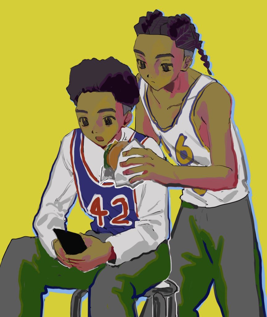 2boys black_hair braid brown_eyes burger commentary_request cornrows dark-skinned_male dark_skin dual_persona food holding holding_burger holding_food holding_phone jersey male_focus marvel miles_g._morales miles_morales multiple_boys phone short_hair simple_background sitting spider-man:_across_the_spider-verse spider-man_(series) spider-verse tami_tome_mo twin_braids very_short_hair yellow_background