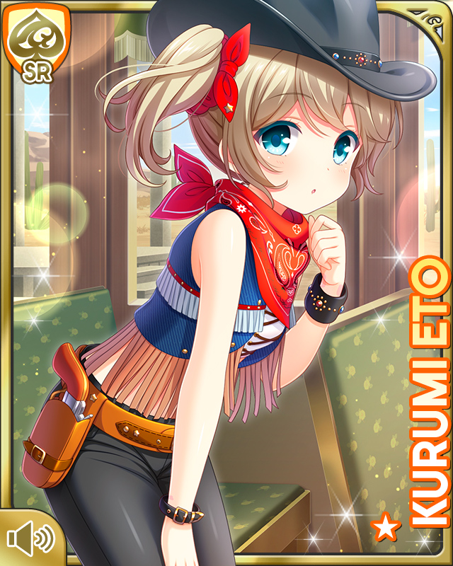 1girl :o black_hat black_pants blonde_hair blue_eyes card_(medium) character_name cowboy_clothes cowboy_hat cowboy_western day denim eto_kurumi girlfriend_(kari) gun handgun handkerchief hat holstered jeans midriff navel official_art open_mouth outdoors pants pistol ponytail qp:flapper red_neckwear shirt solo tagme weapon white_shirt