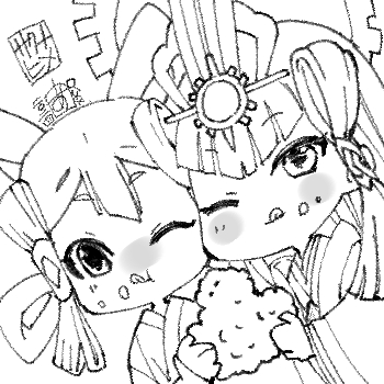 2girls :q blush cheek-to-cheek chibi dutch_angle food food_on_face greyscale hair_tubes halo halo_behind_head heads_together hirabitai holding holding_food japanese_clothes kimono kokorowa-hime licking_lips lineart long_sleeves lowres mizura monochrome multiple_girls one_eye_closed onigiri rice rice_on_face sakamoto_akira sakuna-hime shared_food simple_background tensui_no_sakuna-hime tongue tongue_out upper_body