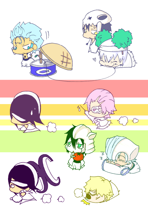 arrancar black_hair bleach blonde_hair blue_hair can chibi di_roy_rinker eyepatch ggio_vega glasses grimmjow_jaegerjaquez hole ichimaru_gin jouhatsu long_hair needle nnoitra_gilga pillow pink_hair short_hair silver_hair sleeping smile string szayelaporro_granz tesra_lindocruz tomato ulquiorra_cifer