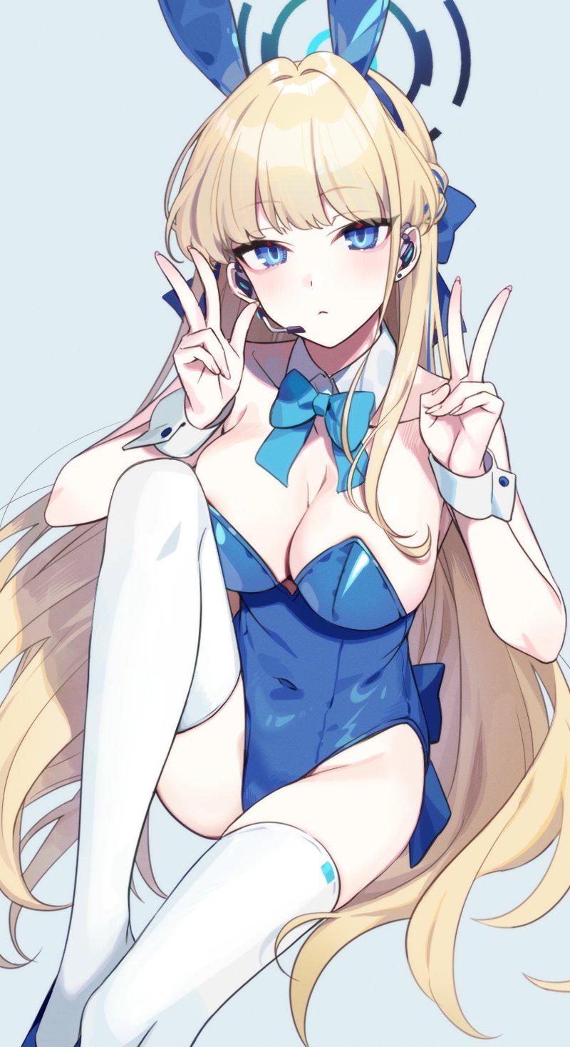 1girl animal_ears aqua_bow aqua_bowtie blonde_hair blue_archive blue_eyes blue_leotard blush bow bowtie breasts cleavage collarbone covered_navel detached_collar earrings fake_animal_ears foot_out_of_frame groin hair_intakes halo headset highres invisible_chair jewelry knee_up large_breasts leotard long_hair looking_at_viewer official_alternate_costume playboy_bunny rabbit_ears simple_background sitting solo straight_hair strapless strapless_leotard stud_earrings thighhighs toki_(blue_archive) toki_(bunny)_(blue_archive) v very_long_hair w white_thighhighs wrist_cuffs yuura