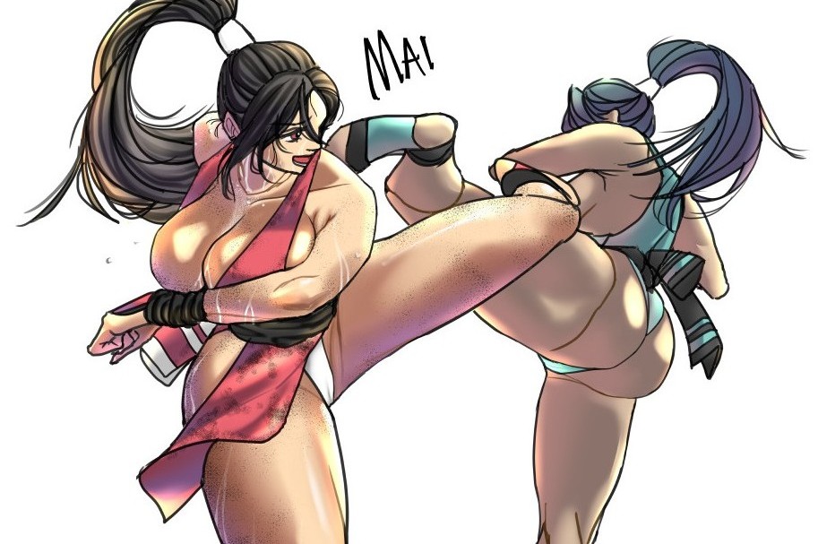 2girls alternate_color ass breasts cleavage dual_persona fatal_fury female_focus huge_ass huge_breasts large_breasts long_hair mirror multiple_girls no_bra panties pelvic_curtain ponytail revealing_clothes shiranui_mai the_king_of_fighters thong underwear wet white_panties
